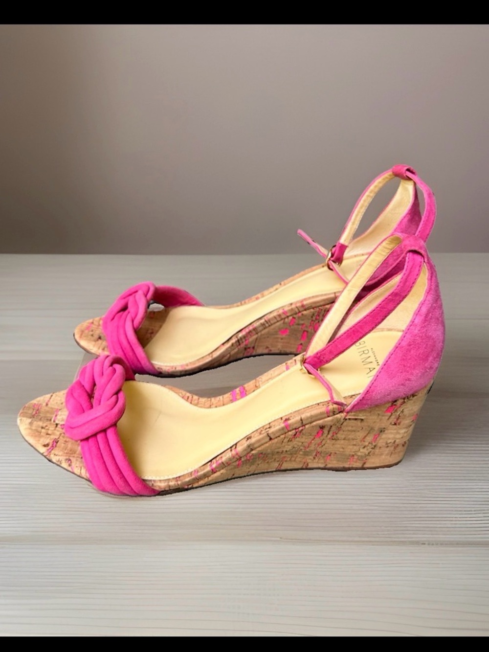 Alexandre Birman Vicky Suede Cork Wedge Sandals Ankle Strap|Vibrant pink~EU37